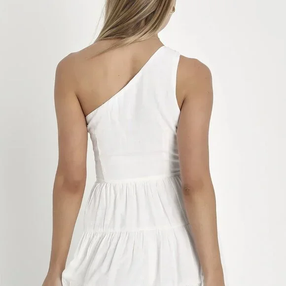NWT Lulus Adorable Sight White One-Shoulder Tiered Mini Dress - Picture 2 of 8